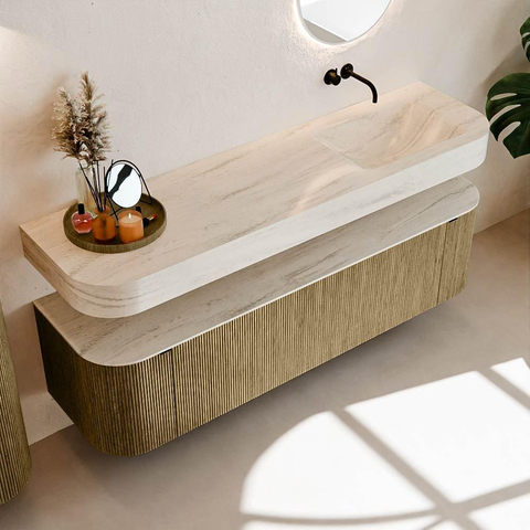 MONDIAZ THOR-DLUX 170cm meuble de salle de bains arrondi gauche + droite couleur Dusk avec 1 tiroir et 2 portes. Vasque suspendue CLOUD Droite sans trou de robinet couleur Meli. SW1465764