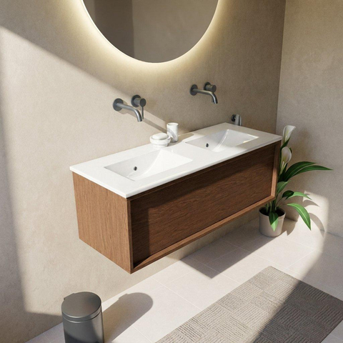 Saniclass Holz Frame Ensemble meuble de salle de bains - 120x45x42cm - Lavabo Vygo en céramique blanc - 2 vasques - sans trous de robinetterie - 1 tiroir - walnut pure mat (bois) SW1437755