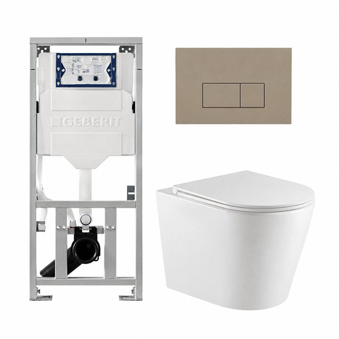 QeramiQ Dely Pack WC suspendu - 36.3x51.7cm - sans bride - bâti-support Geberit UP320 - abattant softclose - plaque de commande taupe - boutons rectangulaires - blanc mat SW1164223