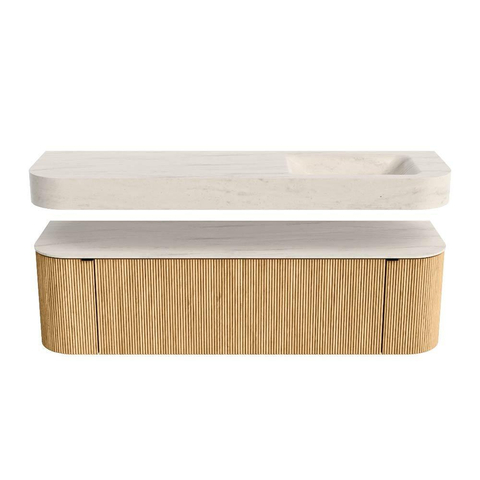 MONDIAZ THOR-DLUX 160cm meuble de salle de bains arrondi gauche + droite couleur Oak avec 1 tiroir et 2 portes. Vasque suspendue CLOUD droite 1 trou de robinet couleur Meli. SW1465155