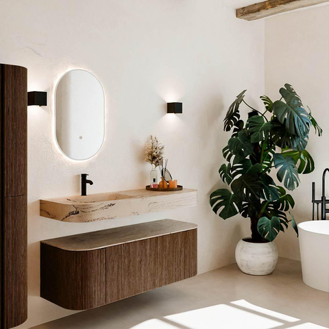 MONDIAZ THOR-DLUX Meuble de salle de bains 130cm arrondi gauche + droite couleur Walnut avec 1 tiroir et 2 portes. Vasque suspendue CLOUD Gauche 1 trou de robinet couleur Arena. SW1463774