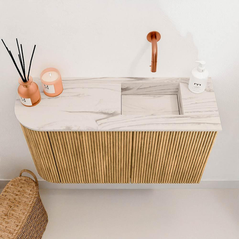 Mondiaz JOYA-DLUX Meuble de toilette - 71,6cm - arrondi gauche couleur Chêne - Vasque FAYE position Droite Sans trou de robinet couleur Nata SW1424047