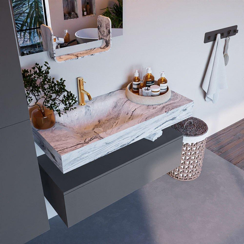 Mondiaz ALAN-DLUX Ensemble de meuble - 100cm - meuble Plata mat - 1 tiroir - Lavabo Cloud Glace suspendu - vasque Gauche - 1 trou de robinet SW806139