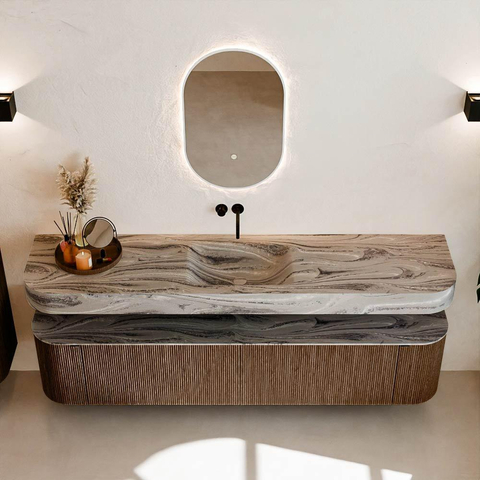 MONDIAZ THOR-DLUX 200cm meuble de salle de bains arrondi gauche + droite couleur Walnut avec 2 tiroirs et 2 portes. Vasque suspendue CLOUD Milieu sans trou de robinet couleur Sombra. SW1467271