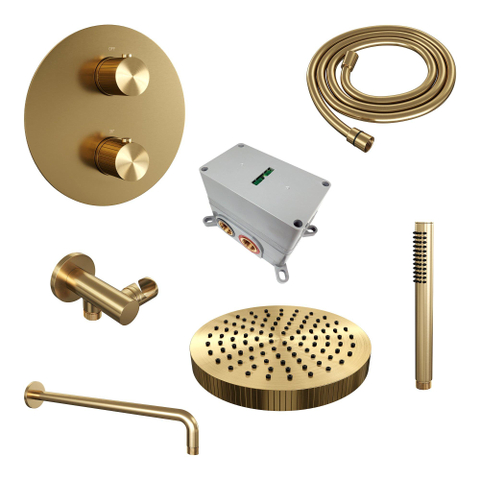 BRAUER Stripe Thermostatische Inbouw Regendouche - 3-weg - rond - SET 38 - 25cm douchekop - gebogen muurarm - staaf handdouche - doucheslang - wandaansluitbocht - goud geborsteld PVD SW1434856