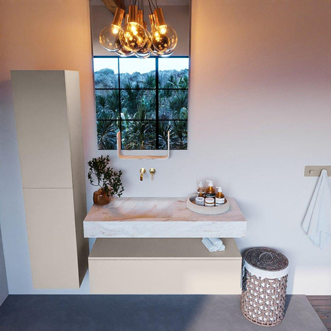 Mondiaz ALAN-DLUX Ensemble de meuble - 110cm - meuble Linen mat - 1 tiroir - Lavabo Cloud Frappe suspendu - vasque Gauche - 0 trous de robinet SW805500