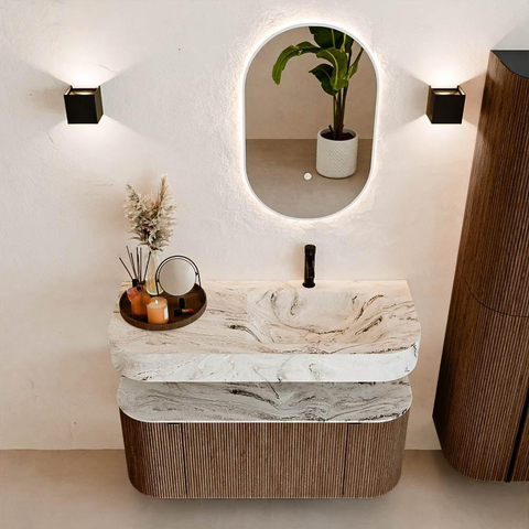 MONDIAZ THOR-DLUX 110cm badmeubel ronding links + rechts kleur Walnut met 1 lade en 2 deuren. Vrijhangende wastafel CLOUD Rechts 1 kraangat kleur Glace. SW1462770