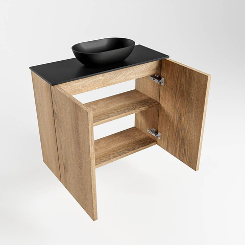 Mondiaz Fowy Meuble de toilette - 60x50x23cm - chêne blanchi mat - 0 trous de robinet - lavabo centré - 2 portes - solid surface - plan Mélamine - lavabo : noir SW761445