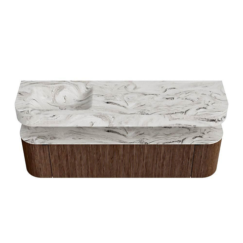 MONDIAZ THOR-DLUX Meuble de salle de bains 170cm arrondi gauche + droite couleur Walnut avec 1 tiroir et 2 portes. Vasque suspendue CLOUD Gauche 1 trou de robinet couleur Glace. SW1465581