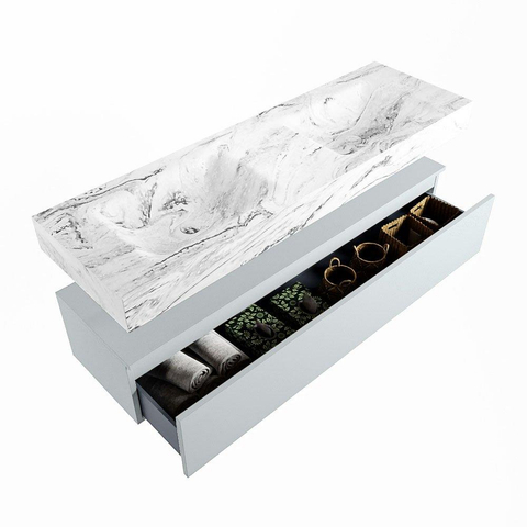 Mondiaz ALAN-DLUX Ensemble de meuble - 150cm - meuble Clay mat - 1 tiroir - Lavabo Cloud Glace suspendu - vasque Gauche et droite - 0 trous de robinet SW806131