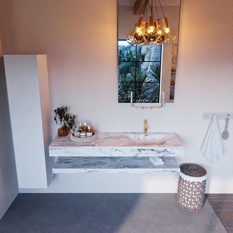 MONDIAZ ALAN - DLUX Ensemble de meuble de salle de bains - 150cm - tablette - Glace - lavabo suspendu - vasque à droite - 1 trou de robinet - Glace SW808920