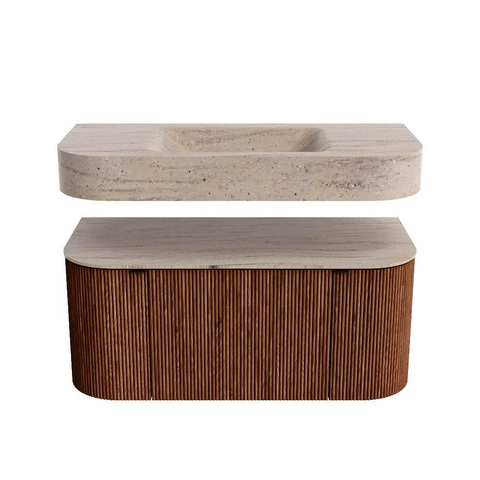 MONDIAZ THOR-DLUX Meuble de salle de bains - 100cm - arrondi gauche + droite - couleur Ruby - 1 tiroir - 2 portes - Vasque suspendue CLOUD Milieu sans trou de robinet couleur Saba SW1467567
