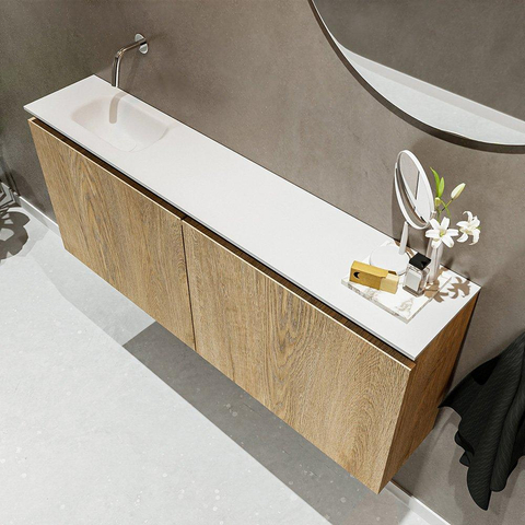 MONDIAZ TURE Toiletmeubel 120x23x50cm met 0 kraangaten 2 deuren washed oak mat Wastafel Eden links Solid Surface Wit SW475172