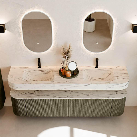 MONDIAZ THOR-DLUX Meuble de salle de bains - 190cm - arrondi gauche + droite - couleur Shadow - 2 tiroirs - 2 portes - Vasque suspendue CLOUD Double 2 trous de robinet - couleur Nata SW1466785