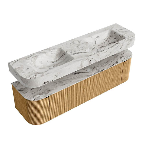 MONDIAZ THOR-DLUX 170cm meuble de salle de bains arrondi gauche + droite couleur Chêne avec 1 tiroir et 2 portes. Vasque suspendue CLOUD Double 2 trous de robinet couleur Glace. SW1465416