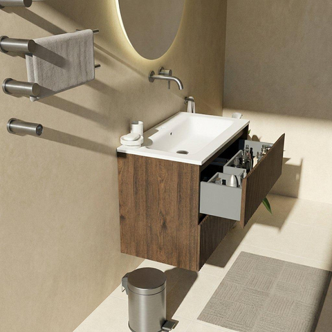 Saniclass Holz Atelier Badkamermeubelset - 80x45x77.5cm - Torino solid surface wastafel wit - zonder kraangat - 2 lades - mat eiken charcoal (hout) SW1478655