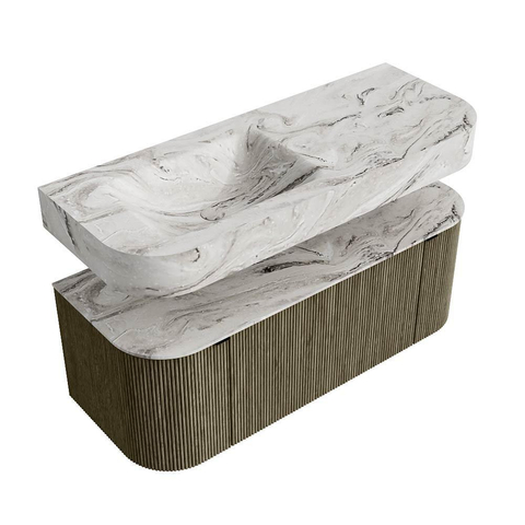 MONDIAZ THOR-DLUX 120cm meuble de salle de bains arrondi gauche + droite couleur Shadow avec 1 tiroir et 2 portes. Vasque suspendue CLOUD Gauche sans trou de robinet couleur Glace. SW1463156