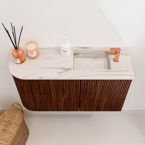 Mondiaz JOYA-DLUX Meuble de toilette 71,6cm - arrondi gauche couleur Ruby - Vasque FAYE position Droite 1 trou de robinet couleur Nata SW1425450