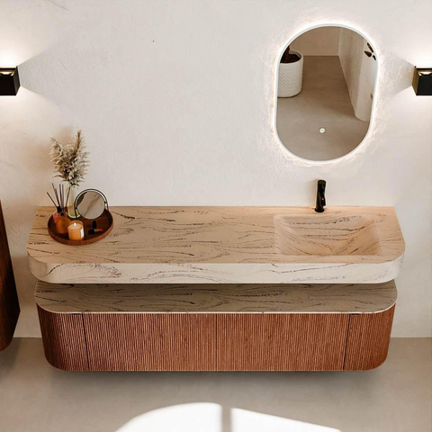 MONDIAZ THOR-DLUX 180cm meuble de salle de bains arrondi gauche + droite couleur Ruby avec 2 tiroirs et 2 portes. Vasque suspendue CLOUD Droite 1 trou de robinet couleur Arena. SW1466129