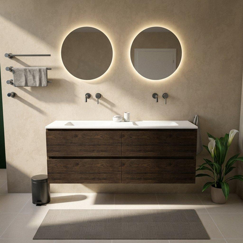 Saniclass Holz Pure Badkamermeubelset - 160x45x77.5cm - Torino solid surface wastafel wit - zonder kraangat - 4 lades - mat eiken charcoal (hout) SW1478693