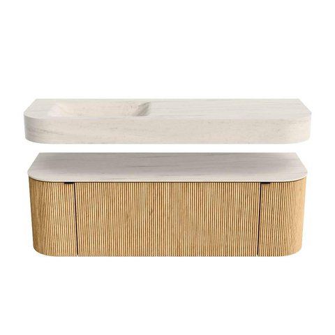 MONDIAZ THOR-DLUX 140cm badmeubel ronding links + rechts kleur Oak met 1 lade en 2 deuren. Vrijhangende wastafel CLOUD Links 1 kraangat kleur Meli. SW1464384