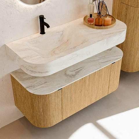 MONDIAZ THOR-DLUX 110cm badmeubel ronding links + rechts kleur Oak met 1 lade en 2 deuren. Vrijhangende wastafel CLOUD Links 1 kraangat kleur Ostra. SW1462760