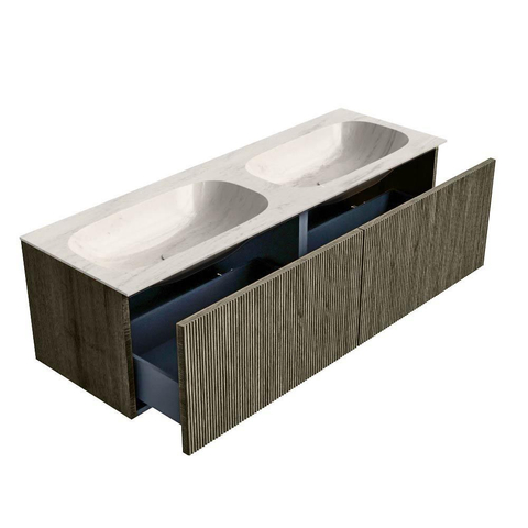 MONDIAZ KURVE-DLUX Meuble de salle de bains 140 cm couleur Shadow avec 2 tiroirs et 0 porte. Lavabo STOR SMALL Double sans trou de robinet Meli. SW1431836