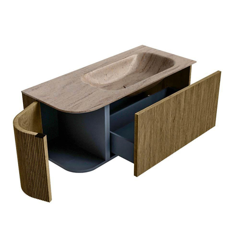 MONDIAZ KURVE-DLUX meuble de salle de bains 105cm courbure gauche couleur Dusk avec 1 tiroir et 1 porte. Vasque BIG SMALL droite 1 trou de robinetterie Saba. SW1433330