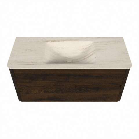 Mondiaz CIRO-DLUX Meuble de salle de bains - 110x45x50cm - Plan-vasque solid surface Meli - 1 vasque au milieu - 1 trou de robinetterie - 2 tiroirs - Noyer SW1530471
