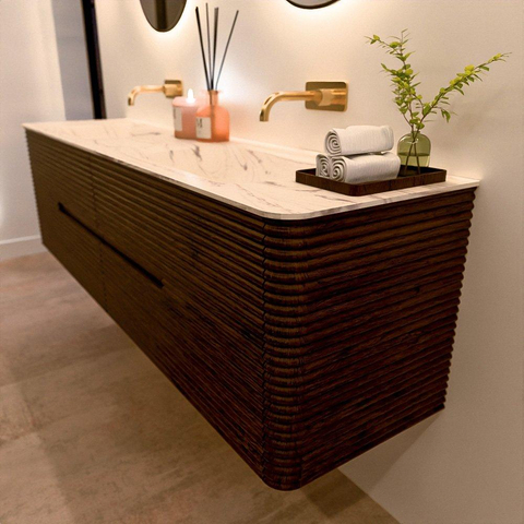 Mondiaz CIRO-DLUX Badkamermeubelset - 180x45x50cm - Solid surface wastafel Nata - 2 wasbak Dubbel - zonder kraangaten - 4 lades - Walnut SW1530577