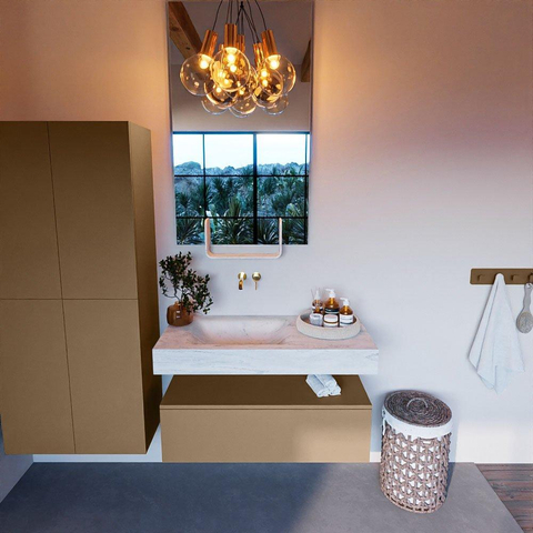 Mondiaz ALAN-DLUX Ensemble de meuble - 100cm - meuble Oro mat - 1 tiroir - Lavabo Cloud Opalo suspendu - vasque Gauche - 0 trous de robinet SW806877