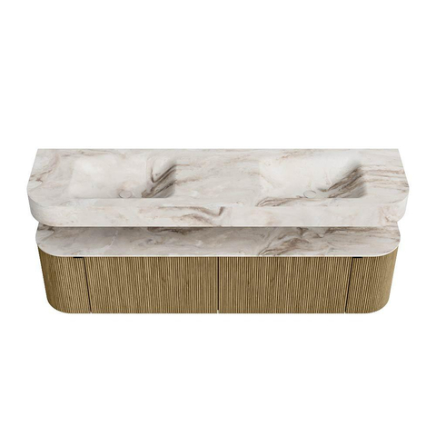 MONDIAZ THOR-DLUX 180cm meuble de salle de bains arrondi gauche + droite couleur Dusk avec 2 tiroirs et 2 portes. Vasque suspendue CLOUD Double 2 trous de robinet couleur Frappe. SW1465980