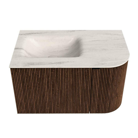 MONDIAZ KURVE-DLUX Meuble de salle de bains 75cm arrondi Droite couleur Walnut avec 1 tiroir et 1 porte. Lavabo GRUNNE Gauche sans trou de robinet Meli. SW1432027