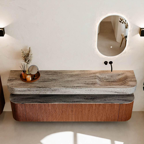 MONDIAZ THOR-DLUX 200cm meuble de salle de bains arrondi gauche + droite couleur Ruby avec 2 tiroirs et 2 portes. Vasque suspendue CLOUD Droite sans trou de robinet couleur Oza. SW1467199