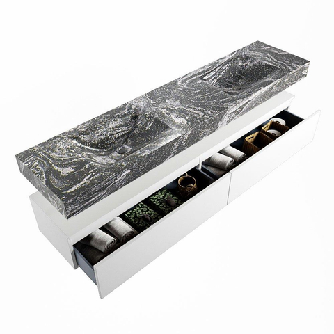 Mondiaz ALAN-DLUX Ensemble de meuble - 200cm - meuble Talc mat - 2 tiroirs - Lavabo Cloud Lava suspendu - vasque Gauche et droite - 0 trous de robinet SW807831