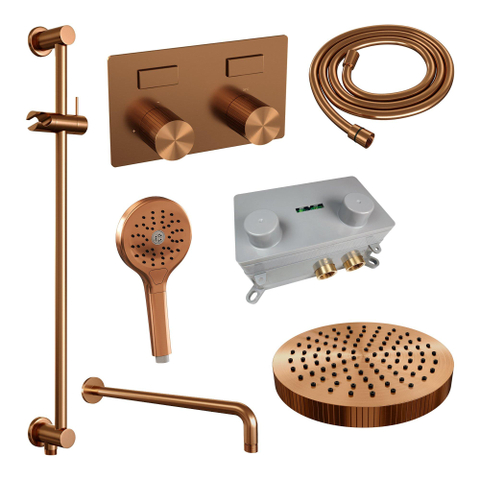 BRAUER Stripe Thermostatische Inbouw Regendouche - drukknoppen - SET 35 - 25cm douchekop - gebogen muurarm - 3-standen handdouche - doucheslang - geïntegreerde glijstang - koper geborsteld PVD SW1435250