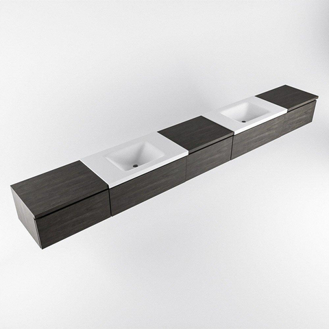 MONDIAZ BUKLA 340cm meuble de salle de bains avec module 60 couleur Dark Brown avec 5 tiroirs. Lavabo CLOUD double 2 trous de robinet couleur Talc. SW1382364