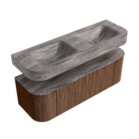 MONDIAZ THOR-DLUX 140cm badmeubel ronding links + rechts kleur Walnut met 1 lade en 2 deuren. Vrijhangende wastafel CLOUD Dubbel zonder kraangat kleur Oza. SW1464274