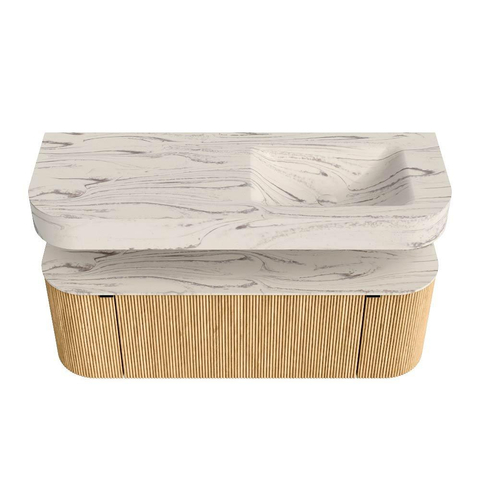 MONDIAZ THOR-DLUX 130cm meuble de salle de bains arrondi gauche + droite couleur Chêne avec 1 tiroir et 2 portes. Vasque suspendue CLOUD Droite sans trou de robinet couleur Nata. SW1463857