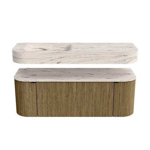 MONDIAZ THOR-DLUX 130cm meuble de salle de bains arrondi gauche + droite couleur Dusk avec 1 tiroir et 2 portes. Vasque suspendue CLOUD Gauche sans trou de robinet couleur Nata. SW1463873