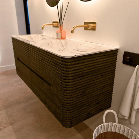 Mondiaz CIRO-DLUX Badkamermeubelset - 130x45x50cm - Solid surface wastafel Glace - 2 wasbak Dubbel - zonder kraangaten - 4 lades - Shadow SW1532219