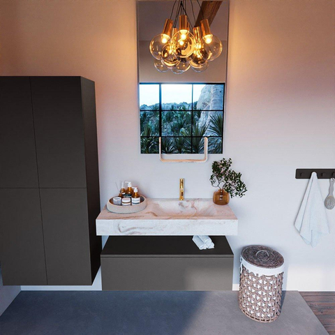 Mondiaz ALAN-DLUX Ensemble de meuble - 100cm - meuble Dark grey mat - 1 tiroir - Lavabo Cloud Frappe suspendu - vasque Droite - 1 trou de robinet SW804944