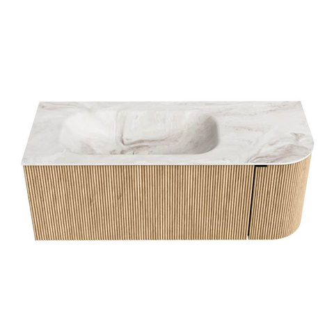 MONDIAZ KURVE-DLUX meuble de salle de bains 115 cm avec module 25 R couleur Oak avec 1 tiroir et 1 porte. Lavabo BIG SMALL gauche sans trou de robinet couleur Frappe. SW1137342