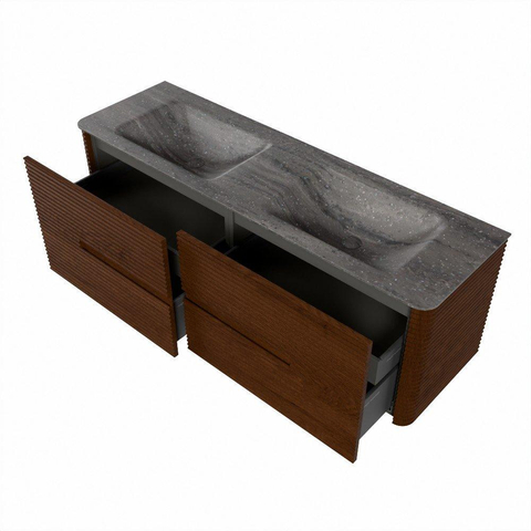 Mondiaz CIRO-DLUX Meuble de salle de bains - 150x45x50cm - Plan vasque solid surface Oza - 2 vasques double - sans trous de robinet - 4 tiroirs - Ruby SW1532111
