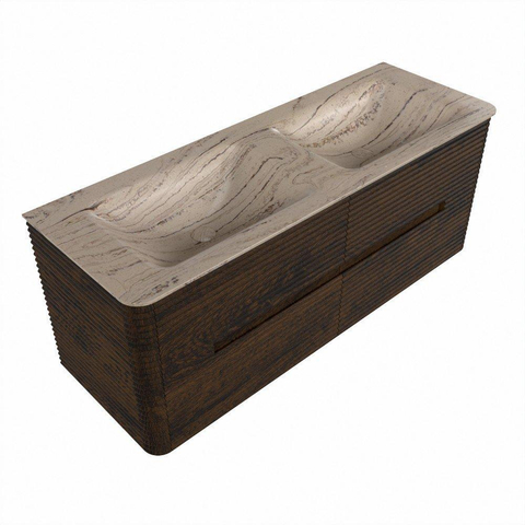 Mondiaz CIRO-DLUX Badkamermeubelset - 130x45x50cm - Solid surface wastafel Arena - 2 wasbak Dubbel - 2 kraangaten - 4 lades - Walnut SW1530428