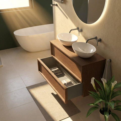 Saniclass Holz Frame Ensemble de meubles de salle de bains - 120x45x62cm - plan de travail en bois - sans trou de robinet - 2 tiroirs - walnut pure mat (bois) SW1580018