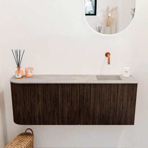 Mondiaz JOYA-DLUX Meuble de salle de bains 111.6cm - arrondi gauche couleur Noyer - Vasque FAYE position Droite Sans trou de robinet couleur Glace SW1422387