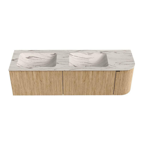 MONDIAZ KURVE-DLUX Meuble de salle de bains 155cm arrondi à droite couleur Chêne avec 2 tiroirs et 1 porte. Lavabo LEAF Double / Gauche sans trou de robinet Nata. SW1432132