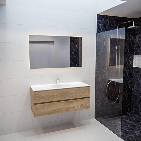 ENSEMBLE DE MEUBLE MONDIAZ VICA - 120cm - 2 tiroirs - lavabo Moon central - 1 trou de robinet - solid surface chêne blanchi SW409876