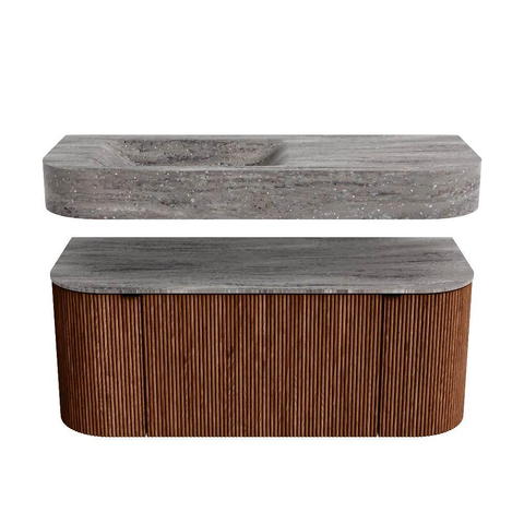 MONDIAZ THOR-DLUX 110cm meuble de salle de bains arrondi gauche + droite couleur Ruby avec 1 tiroir et 2 portes. Vasque suspendue CLOUD Gauche sans trou de robinet couleur Oza. SW1463032
